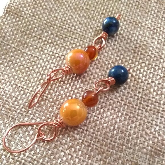 Fall Magic!  Blue Lapis, Brown Agate & Tangerine Ceramic Beads Earrings - Picture 4 of 11